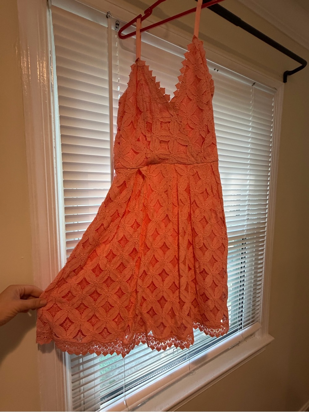 Coral Lace Mini Dress with V-Neck
